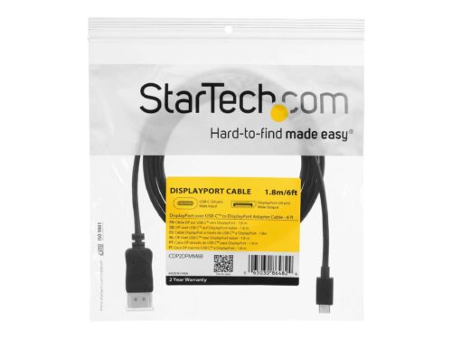 StarTech.com 6ft/1.8m USB C to DisplayPort 1.2 Cable 4K 60Hz, USB-C to DisplayPort Adapter Cable HBR2, USB Type-C DP Alt Mode to DP Monitor Video Cable, Works with Thunderbolt 3, Black - USB-C Male to DP Male - Cable DisplayPort - 24 pin USB-C (M) a DisplayPort (M) - Displayport 1.2/Thunderbolt 3 - 1.8 m - admite 4K60Hz (3840 x 2160) - negro - para P/N: TB33A1C, TB3DK2DPPD, TB3DK2DPPDUE, TB3DK2DPW, TB3DK2DPWUE, TB3DKDPMAW, TB3DKDPMAWUE