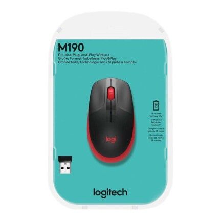 Logitech M190 - Ratón - óptico - 3 botones - inalámbrico - receptor inalámbrico USB - rojo