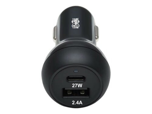 Tripp Lite USB Car Charger Dual-Port 39W Charging USB-C 27W, USB-A 12W - Adaptador de corriente para el coche - 39 vatios - 3 A - PD 3.0 - 2 conectores de salida (USB, 24 pin USB-C) - negro